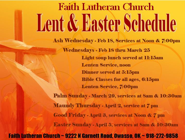 Lent and Easter Schedule for Faith Lutheran Church - Owassoisms.com